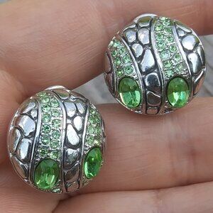 unique design green rhinestones earrings silver tone for pierced ears